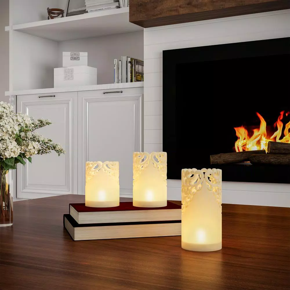Lavish Home Lace Design Flameless Candle Set with Remote Control, Vanilla Scented Real Wax, Set of 3