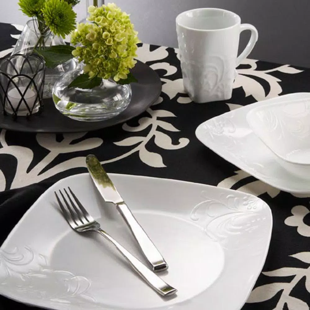 Corelle Boutique 16-Piece Cherish Porcelain Dinnerware Set, White Embossed Floral, Service for 4