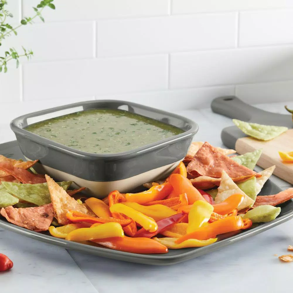 Rachael Ray Cityscapes Ceramic Hot Chip and Dip Set, Dark Sea Salt Gray