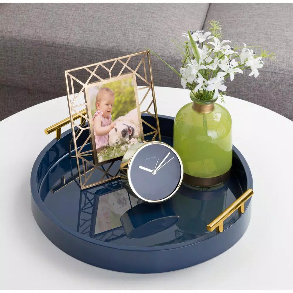 Kate and Laurel Lipton Navy Blue Round Decorative Serving Tray with Polished Metal Handles