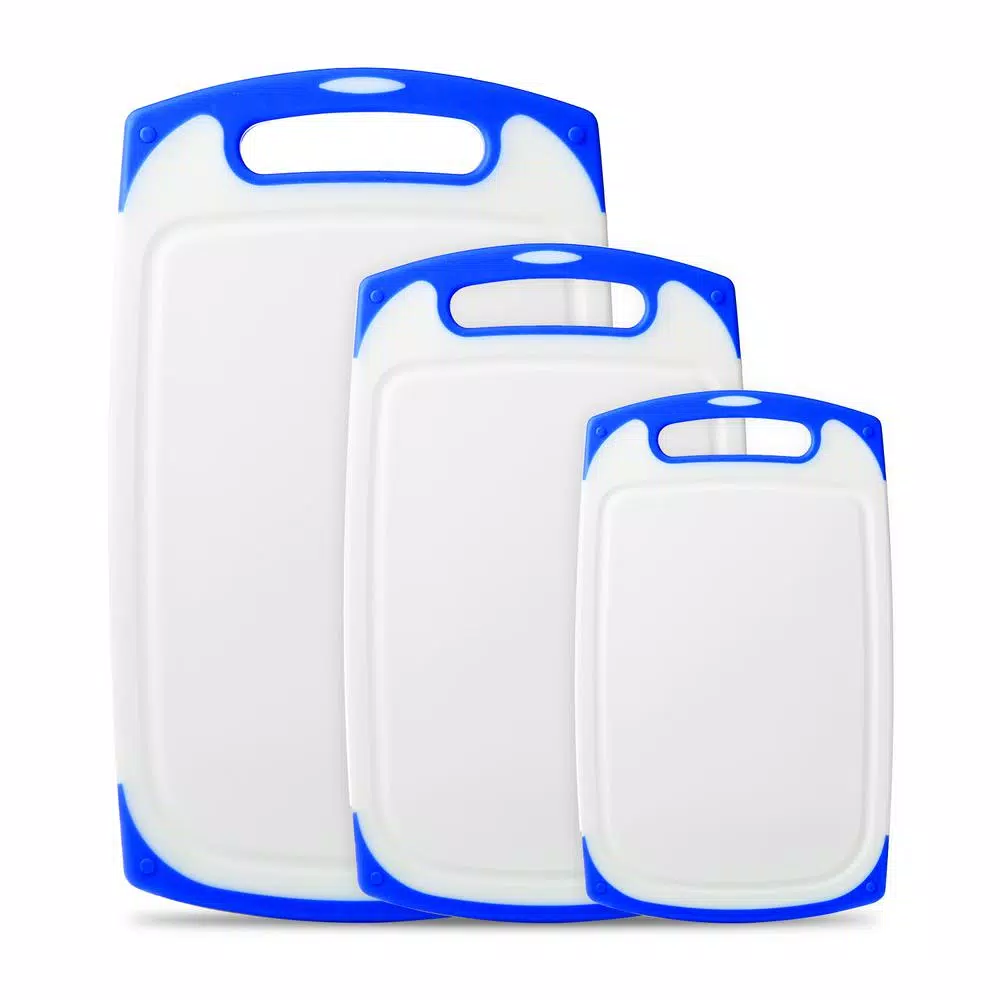 Belwares 3-Piece Plastic Cutting Board Set with Non-Slip Feet and Deep Drip Grooves, Blue