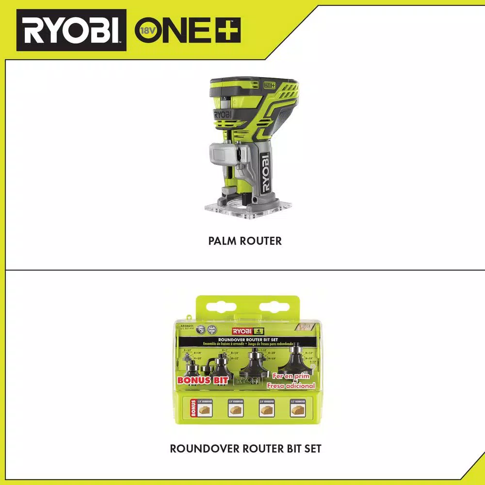 RYOBI 18V ONE+ Cordless Fixed Base Trim Router with 4-Piece Roundover Bit Set