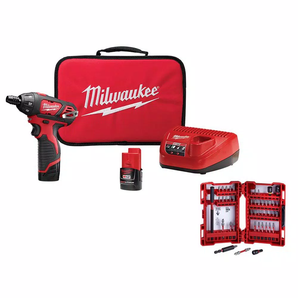 Milwaukee M12 12V Lithium-Ion Cordless 1/4 in. Hex Screwdriver Kit with 45-Piece SHOCKWAVE Bit Set