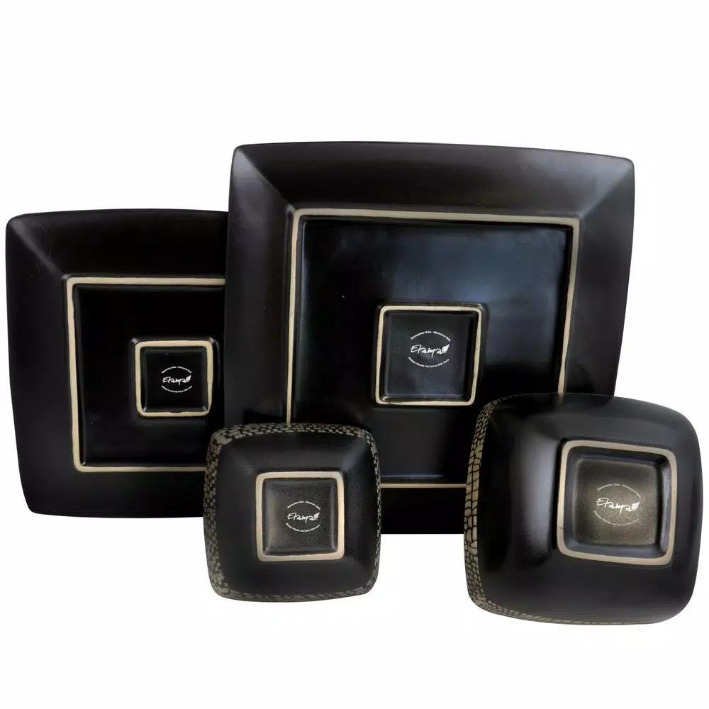 Elama Naina 16-Piece Modern Black Stoneware Dinnerware Set, Service for 4