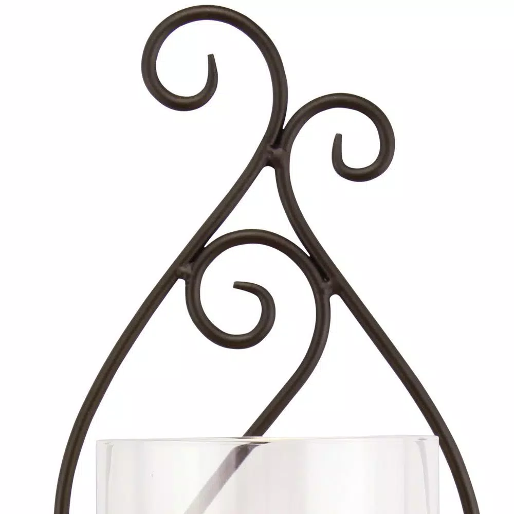 Stonebriar Collection Stonebriar Black Metal Scrolled Pillar Candle Sconce with Glass Cylinder