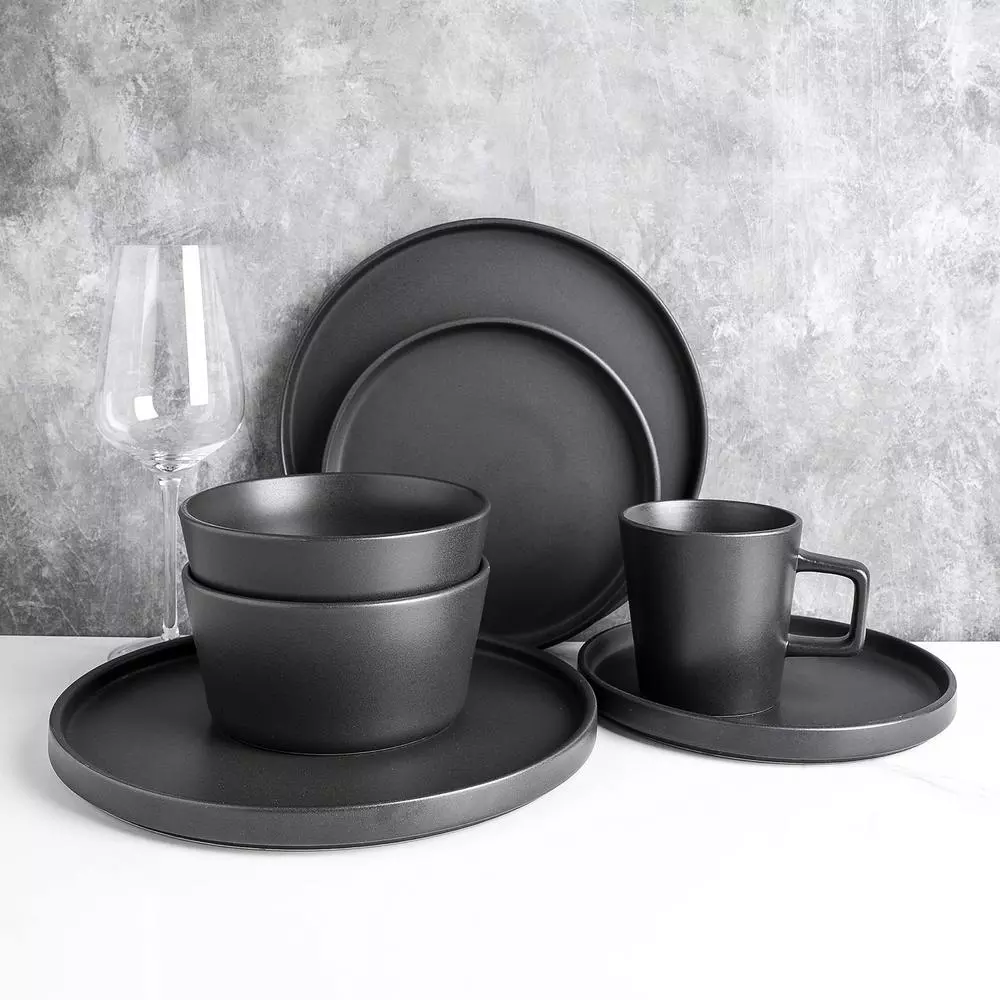 Stone Lain 32-Piece Modern Black Matte Stoneware Dinnerware Set, Service for 8