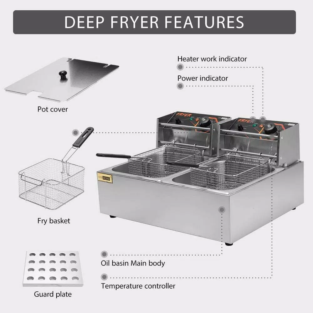 VIVOHOME 20.7 Qt. Stainless Steel Dual Basin Electric Deep Fryer, 5000W with 2 Removable Baskets
