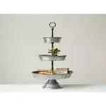 3R Studios 3-Tier Galvanized Metal Round Serving Tray with Handle, Silver Farmhouse Style thumbnail 3
