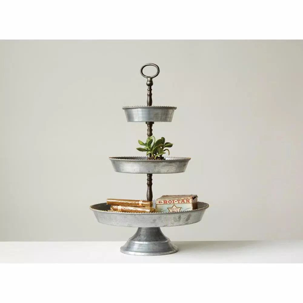 3R Studios 3-Tier Galvanized Metal Round Serving Tray with Handle, Silver Farmhouse Style