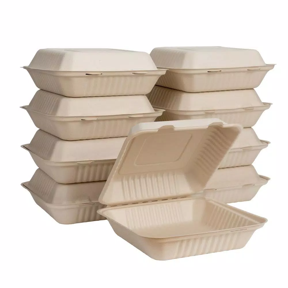 Unbranded 9 in. Natural Sugarcane Clamshell Containers, Eco-Friendly & Compostable (300 Pack)