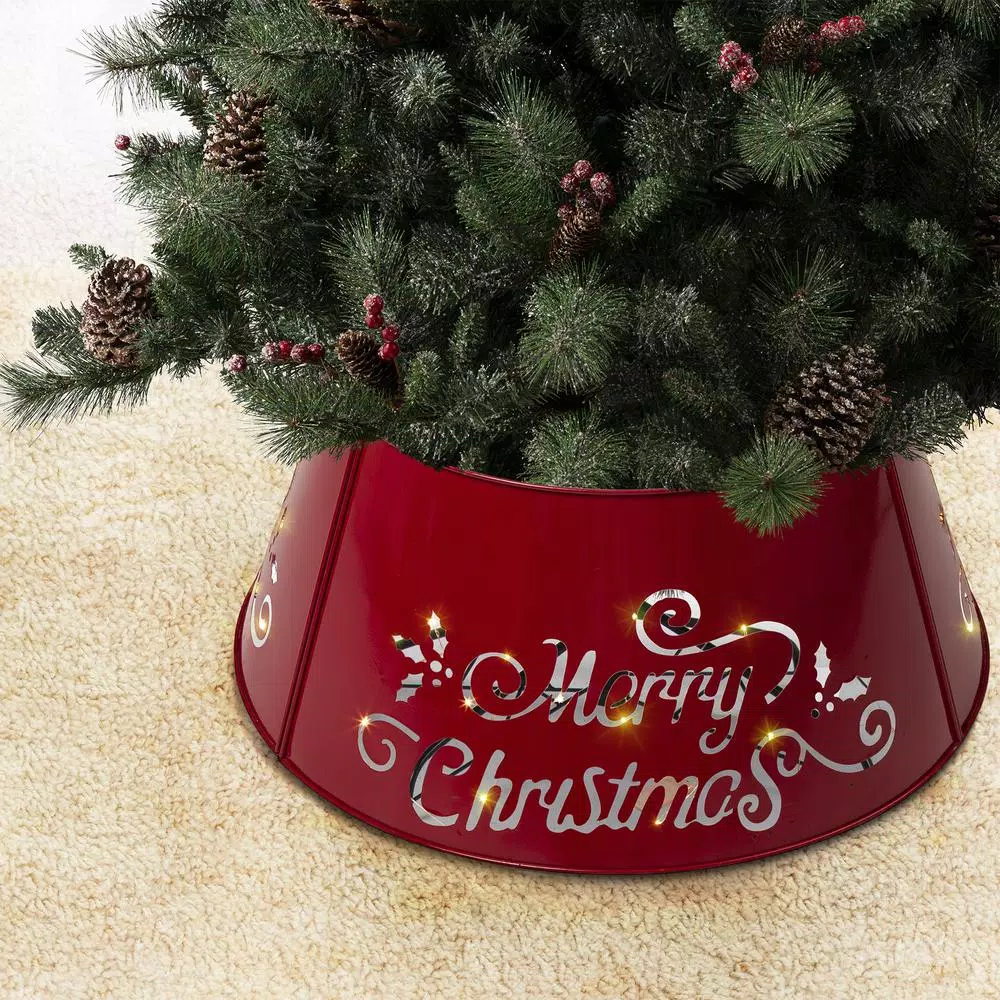 Glitzhome 26 in. Red Metal Merry Christmas Diecut Tree Collar with Light String