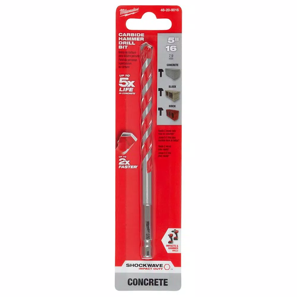 Milwaukee SHOCKWAVE 5/16 in. Carbide Hammer Drill Bit, 6 in. Length, 1/4 in. Hex Shank