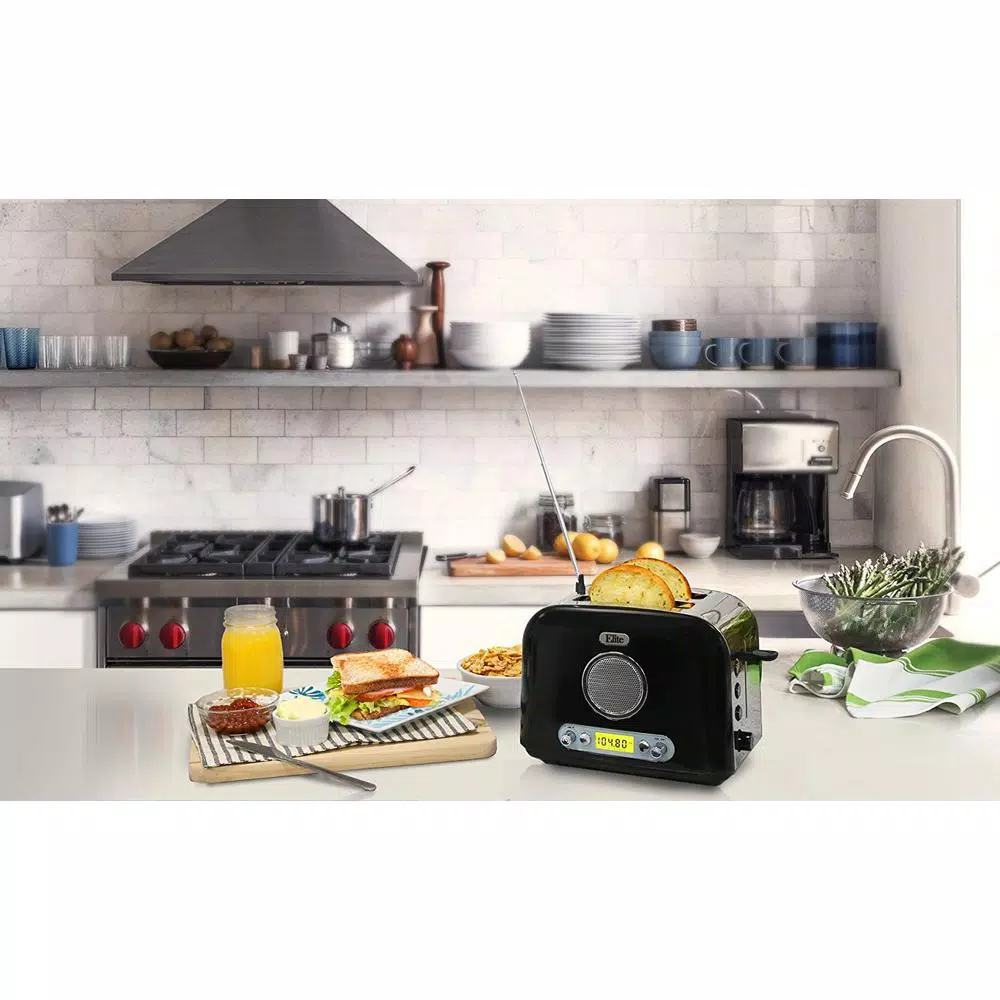 Elite Platinum Elite 2-Slice Black Wide Slot Toaster with Built-in AM/FM Radio and Digital Display