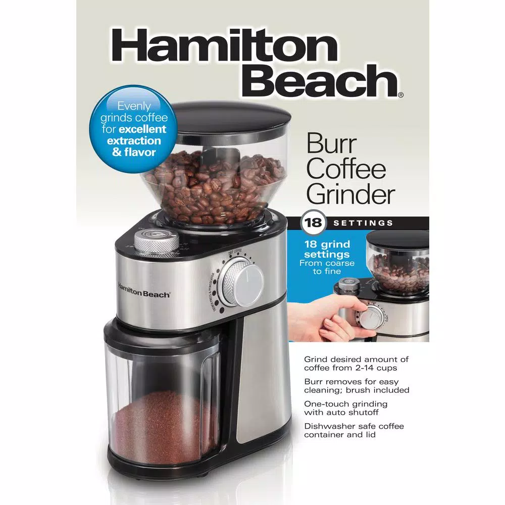 Hamilton Beach 16 oz Stainless Steel Burr Coffee Grinder with 18 Grind Settings