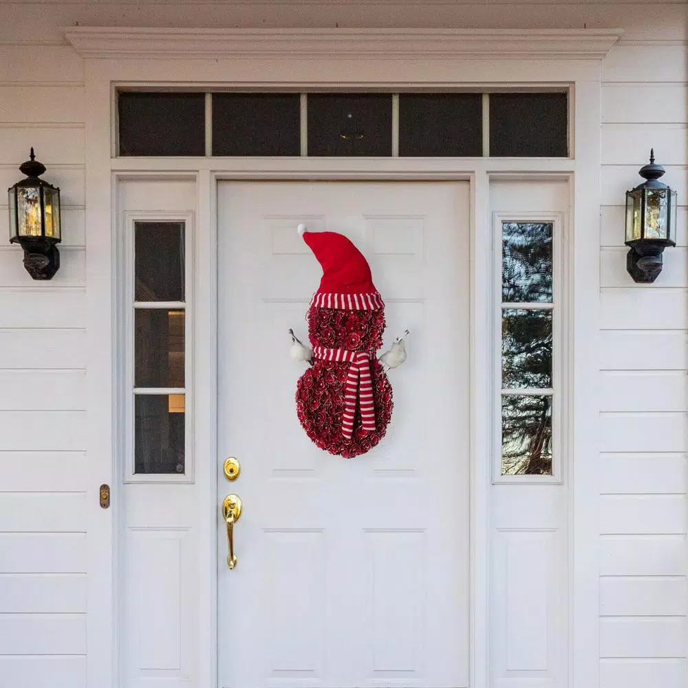 Fraser Hill Farm 25 in. Artificial Snowman Christmas Wreath with Red Hat and Striped Scarf