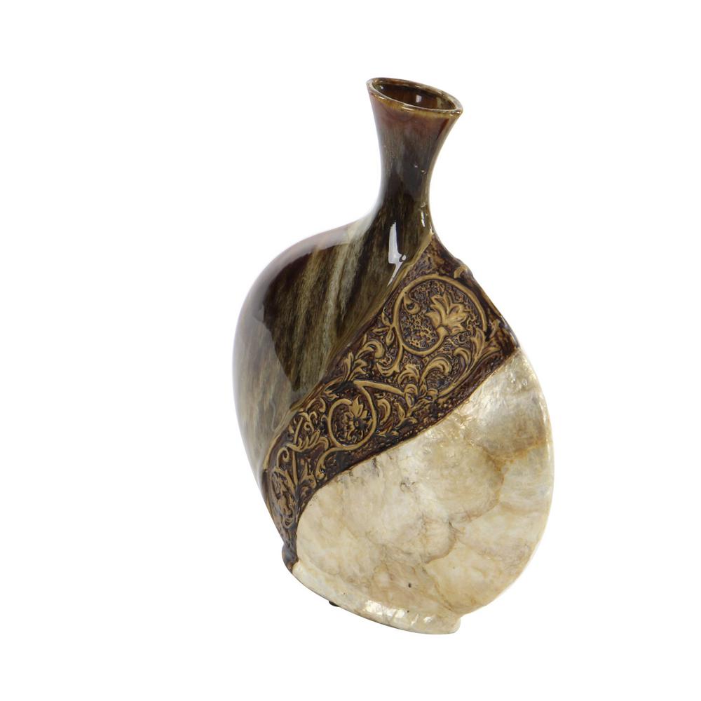 LITTON LANE 14 in. Mediterranean Ceramic and Capiz Shell Urn Vase - Brown and Gold
