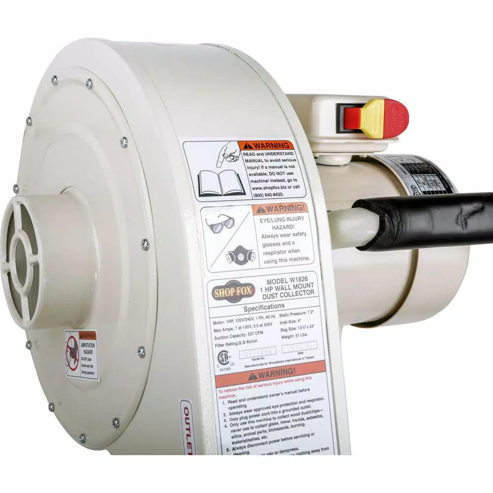 Shop Fox Wall-Mounted Dust Collector, 537 CFM, 1 HP, 110V/220V Woodworking Dust Extraction System