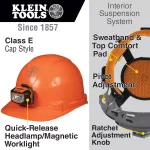 Klein Tools Orange Non-Vented Hard Hat with Integrated Headlamp and Ratchet Suspension thumbnail 2