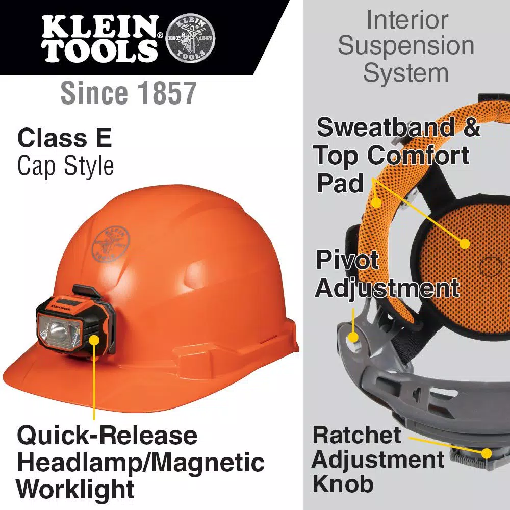 Klein Tools Orange Non-Vented Hard Hat with Integrated Headlamp and Ratchet Suspension