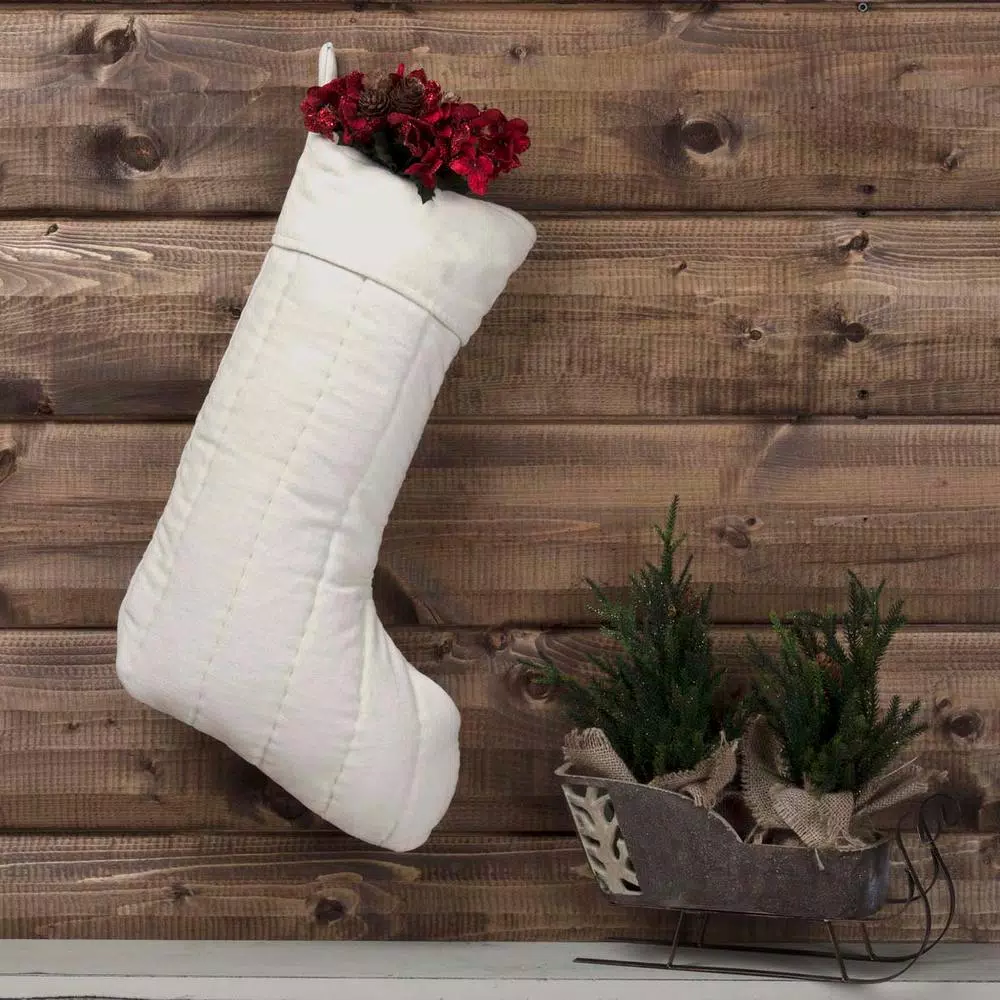VHC Brands 20 in. Ivory Velvet Cotton Christmas Stocking - Traditional Holiday Decor