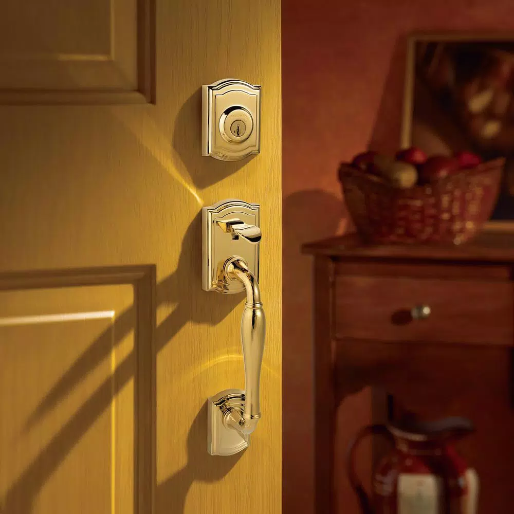 Baldwin Prestige Wesley Single Cylinder Door Handleset with Alcott Knob, Lifetime Polished Brass