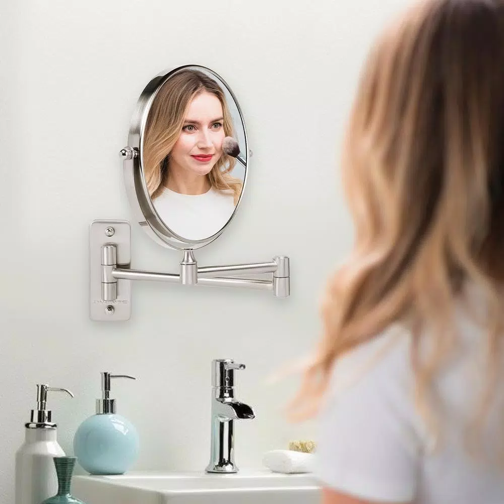 Ovente Wall Mounted Dual-Sided Makeup Mirror, 1x/10x Magnification, Brushed Nickel