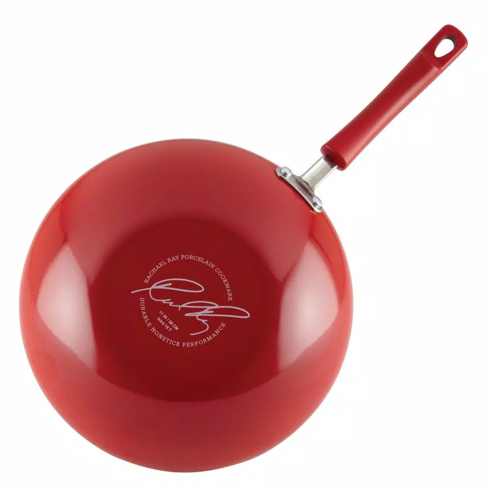 Rachael Ray Classic Brights 11 in. Aluminum Nonstick Stir Fry Pan with Glass Lid, Red Gradient