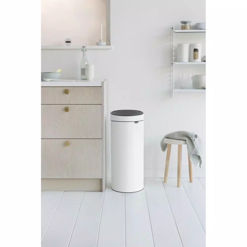 Brabantia 8 Gallon Touch Top Trash Can in White - Round Steel Kitchen Waste Bin