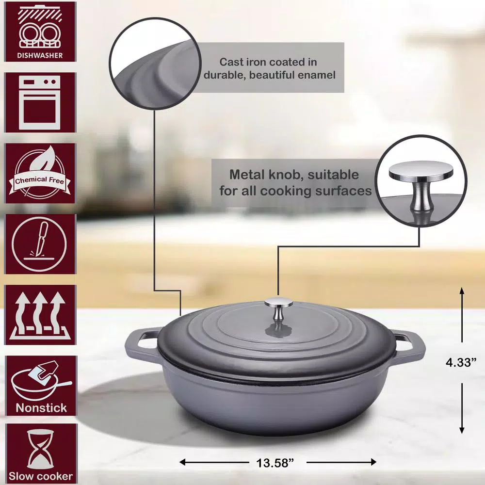 AMERCOOK LA PLURIEL 3 qt. Round Enameled Cast Iron Casserole Pan with Lid, Gray