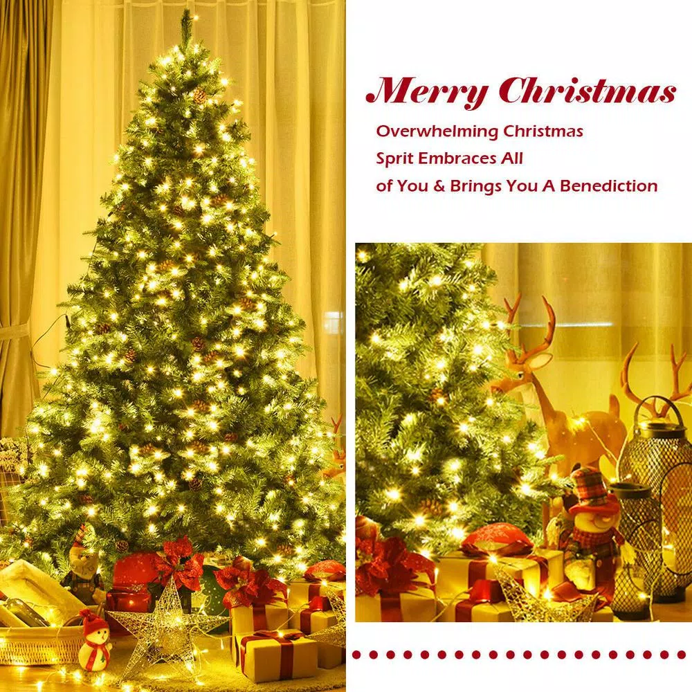 Costway 7.5 ft. Pre-Lit Artificial Christmas Tree with 540 Warm White LED Lights and 71 Pine Cones