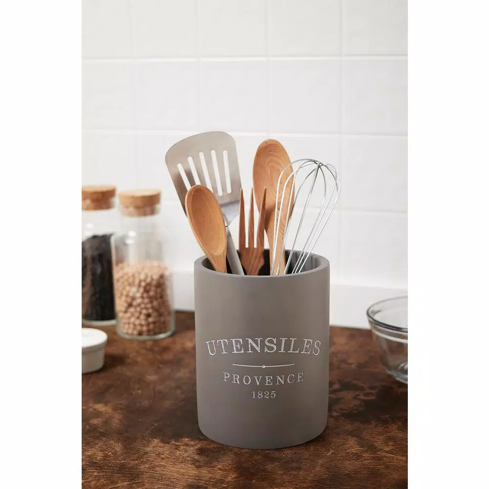 Fox Run 7 in. Slate Grey Round Cement Utensil Holder - Durable Kitchen Tool Crock