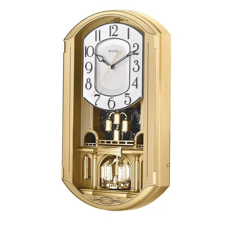 Bulova Golden Music 20 in. Pendulum Wall Clock with 12 Melodies and K-9 Crystal Elements