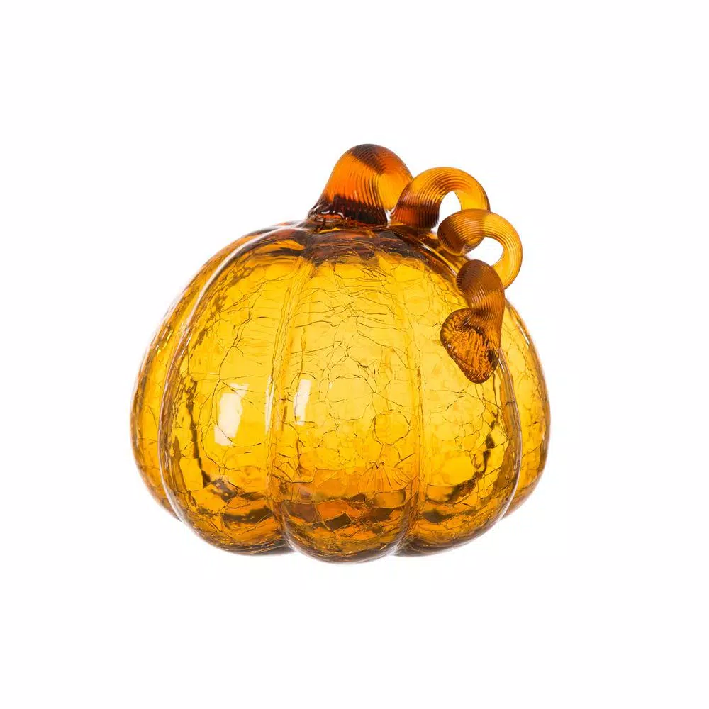 Glitzhome Amber Crackle Glass Pumpkin Set of 2, Handmade Indoor Tabletop Decor