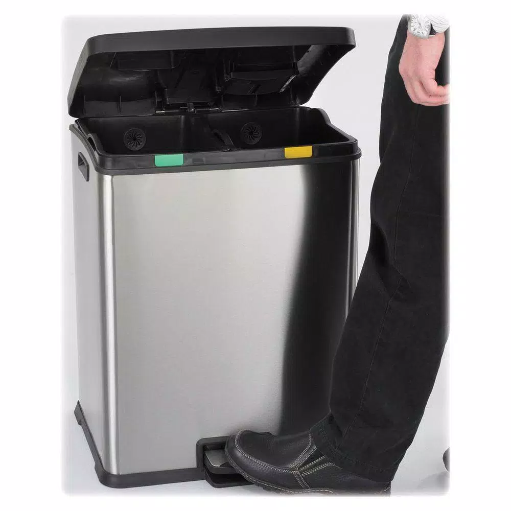 Safco 15 Gal. Stainless Steel Recycling Station - Dual Compartment Step Trash Can