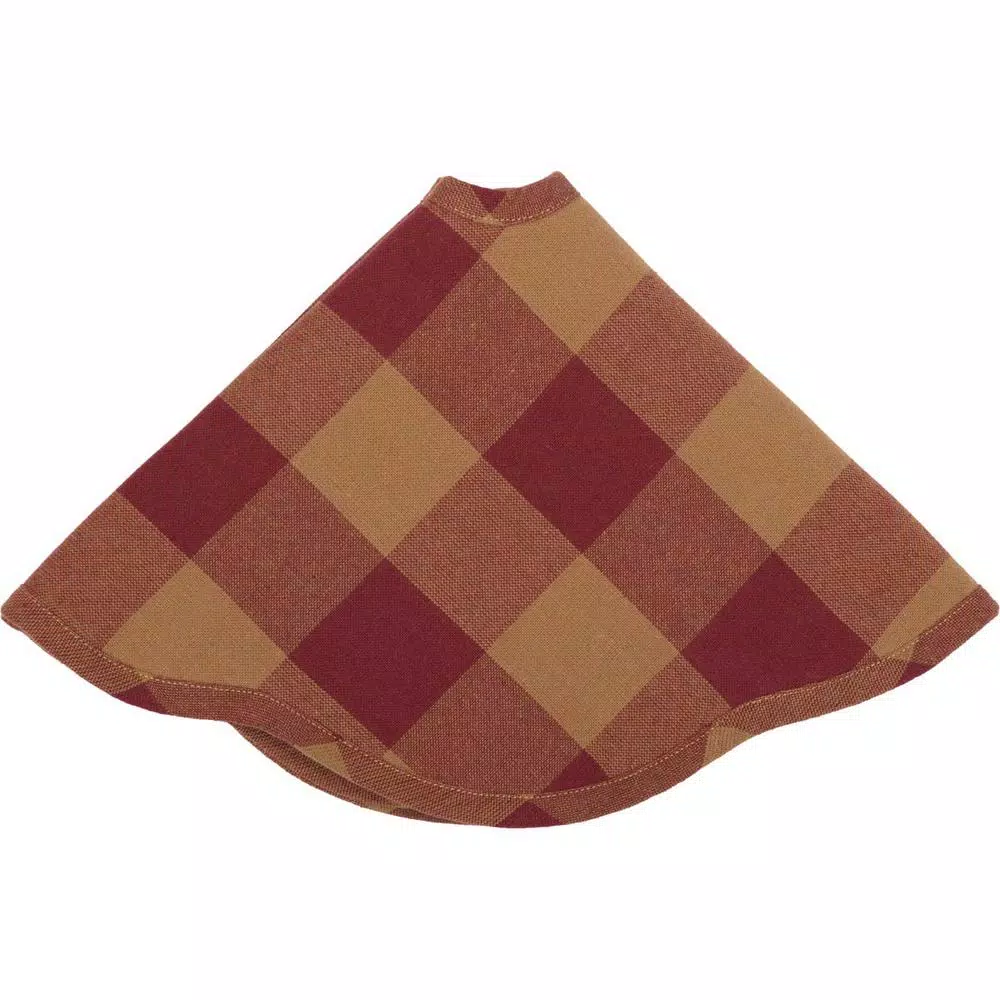 VHC Brands 21 in. Burgundy Check Red Primitive Christmas Tree Skirt with Scalloped Edge