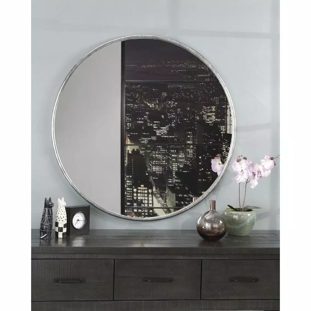 Martin Svensson Home Contemporary Round Pewter Metal Frame Accent Mirror, 36 in. x 36 in.