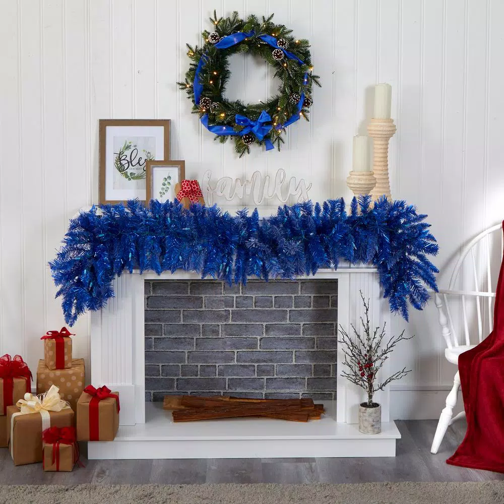 Nearly Natural 6 ft. Blue Flocked Artificial Christmas Garland with 50 Warm White LED Lights