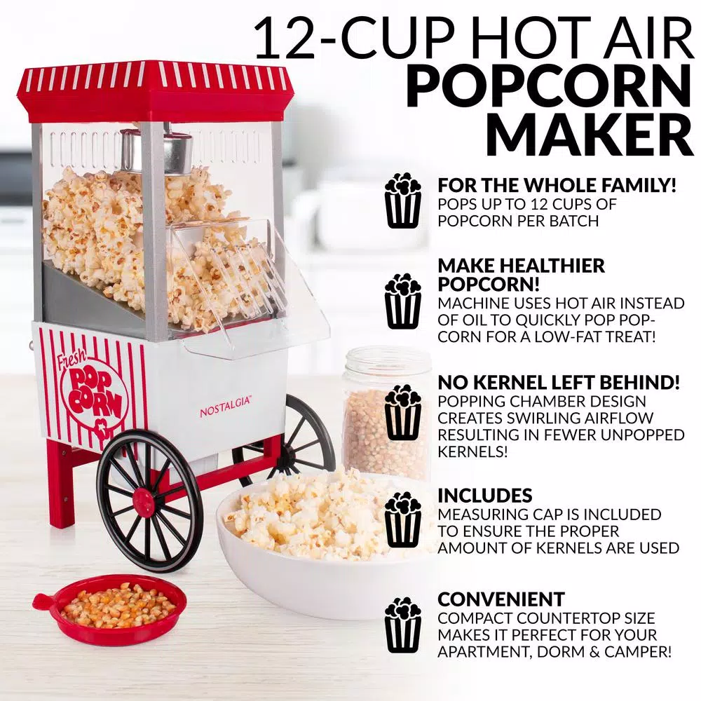 Nostalgia Old Fashioned 1040W Red Hot Air Popcorn Maker with Measuring Cup, 12-Cup Capacity