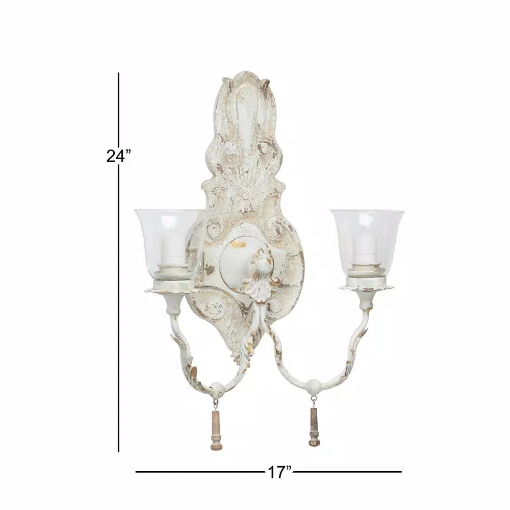 LITTON LANE Distressed White 2-Light Candle Sconce with Acanthus Carvings and Wood Bead Accents