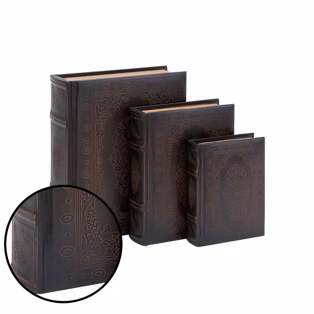 LITTON LANE Vintage Rectangular Wood and Faux Leather Flourished Book Boxes, Set of 3