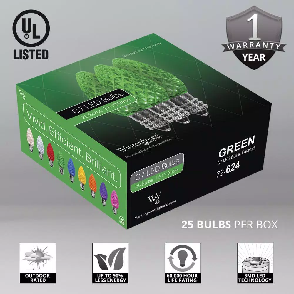 Wintergreen Lighting OptiCore C7 LED Green Faceted Christmas Light Bulbs, 25-Pack, Shatterproof Replacement Lights