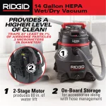 RIDGID 14 Gallon 2-Stage HEPA Commercial Wet/Dry Shop Vacuum, 11.5 Amp thumbnail 3