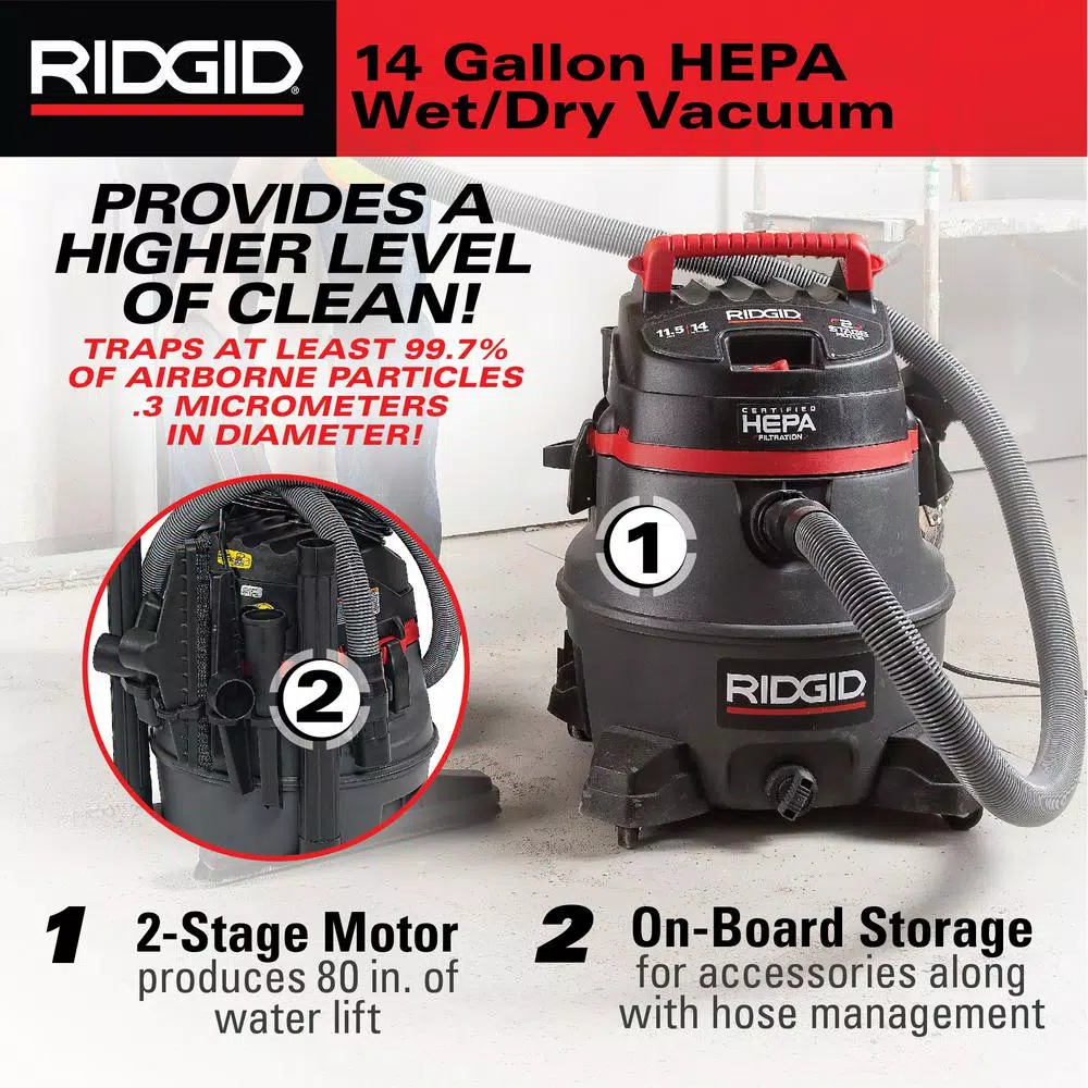 RIDGID 14 Gallon 2-Stage HEPA Commercial Wet/Dry Shop Vacuum, 11.5 Amp