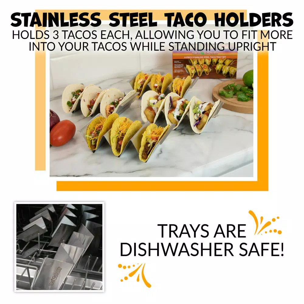 TACO TUESDAY 9-Piece Stainless Steel and Plastic Taco Kit with Tortilla Warmer, Salsa Bowls, Taco Holders, and Mortar and Pestle