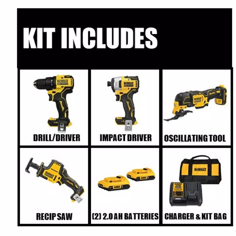 DEWALT 20V MAX ATOMIC Cordless Brushless 4-Tool Combo Kit with (2) 2.0 Ah Batteries, Charger & Bag