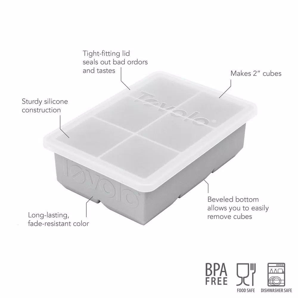Tovolo King Cube Ice Mold Tray with Lid, 2 in. Large Silicone Cubes for Whiskey and Cocktails, Oyster Gray