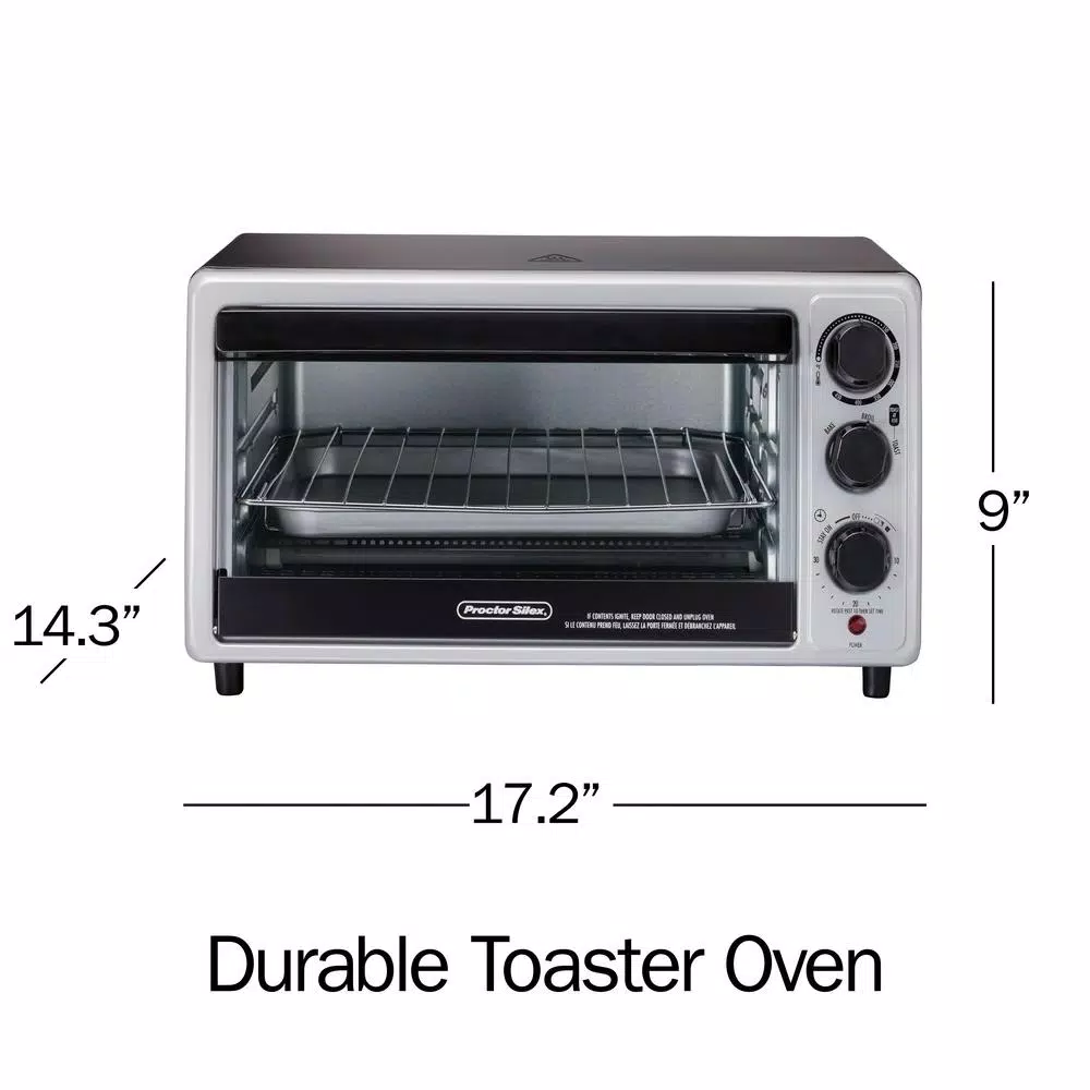 Proctor Silex 1500-Watt 6-Slice Silver Toaster Oven with Toast, Bake, and Broil Settings