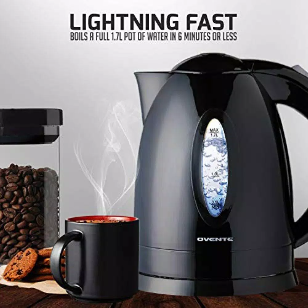 Ovente KP72 1.7L Electric Kettle, 1100W Fast Heating Water Boiler with Auto Shut-Off, Black