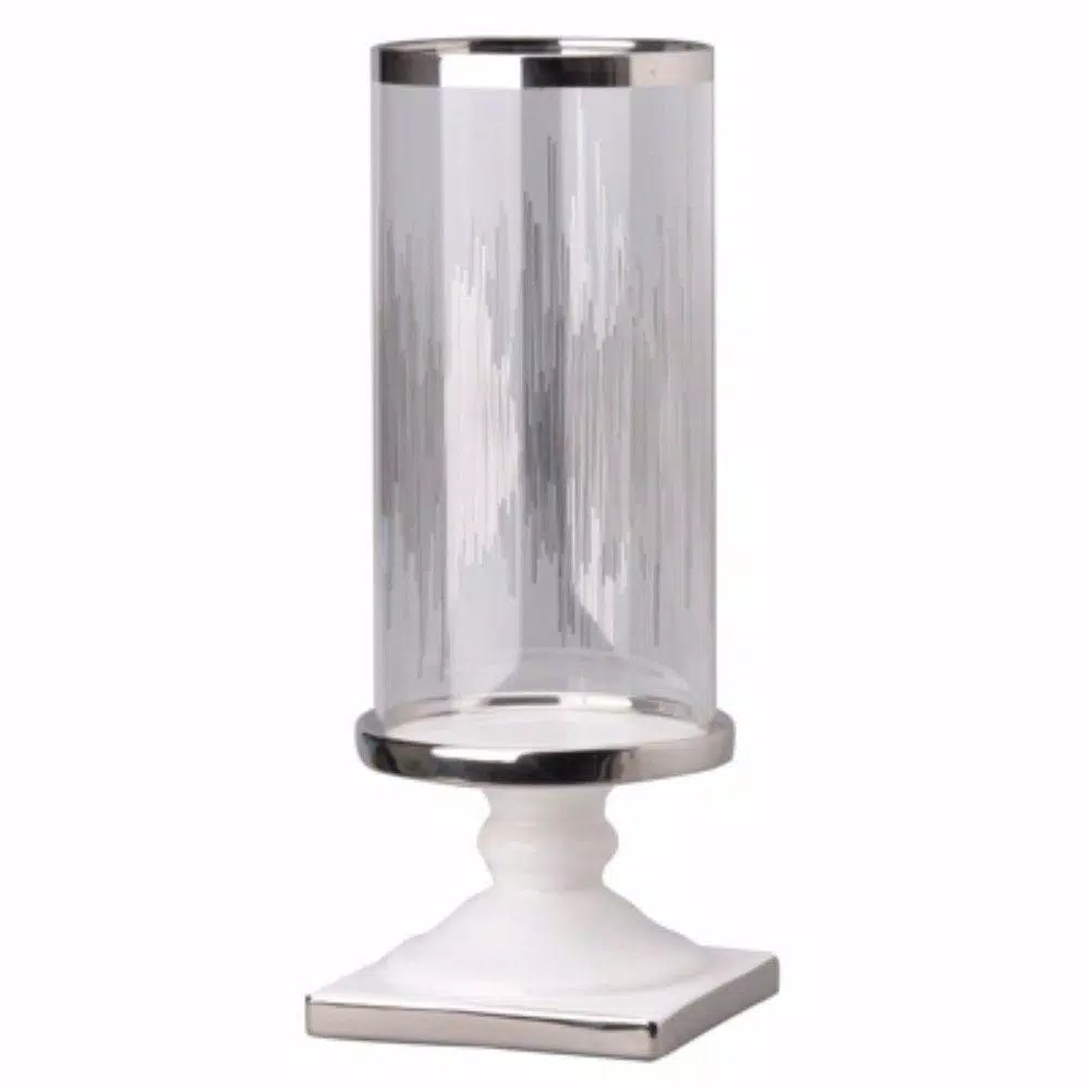 Benjara Admirably Modern Glass Pedestal Candle Holder with Silver Finish