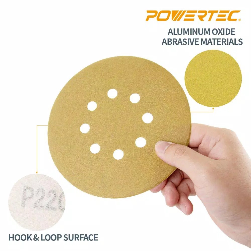 POWERTEC 6 in. 100-Grit Hook and Loop Sanding Discs, 8-Hole, Gold (50-Pack)